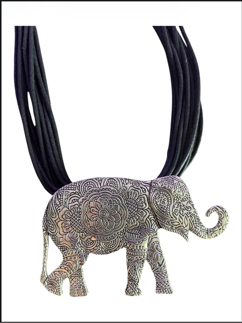 Boho Silver Elephant Pendant Necklace with Black Cord